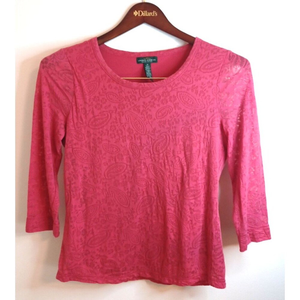 Ralph Lauren Sheer Pullover Top M Pink Paisley Burnout Base Layer Athleisure